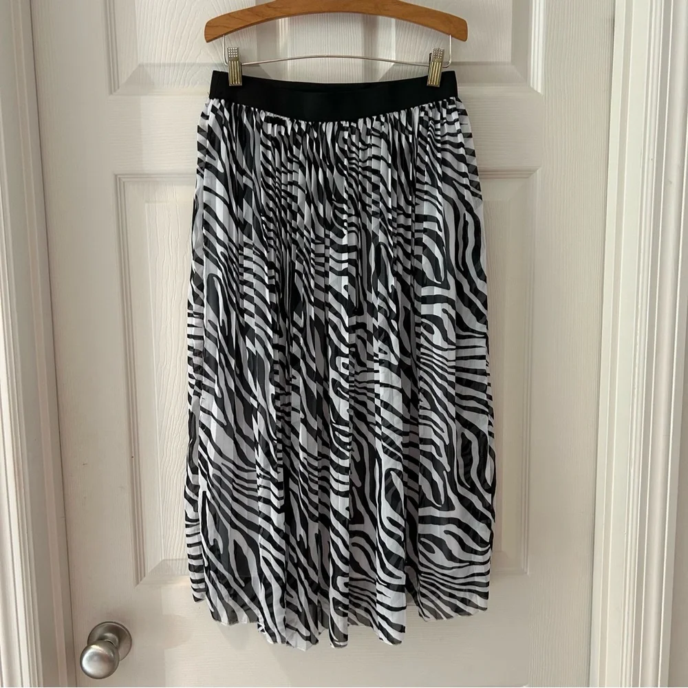 Rachel Zoe Zebra Print Pleated Mesh Overlay Midi Skirt